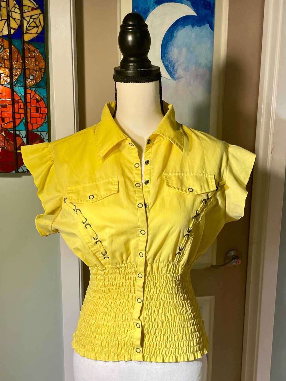Vintage Yellow Ruffle-Sleeve Button Front Smocked Waist Top
